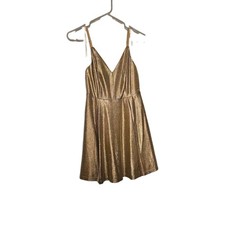 Lulus Metallic Gold Skater Dress Size S Pockets Adjustable Strap Party Cocktail 