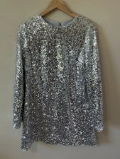 H&M Silver Size M  Sequined A-Line Shift Long Sleeved Dress Sparkle NWT