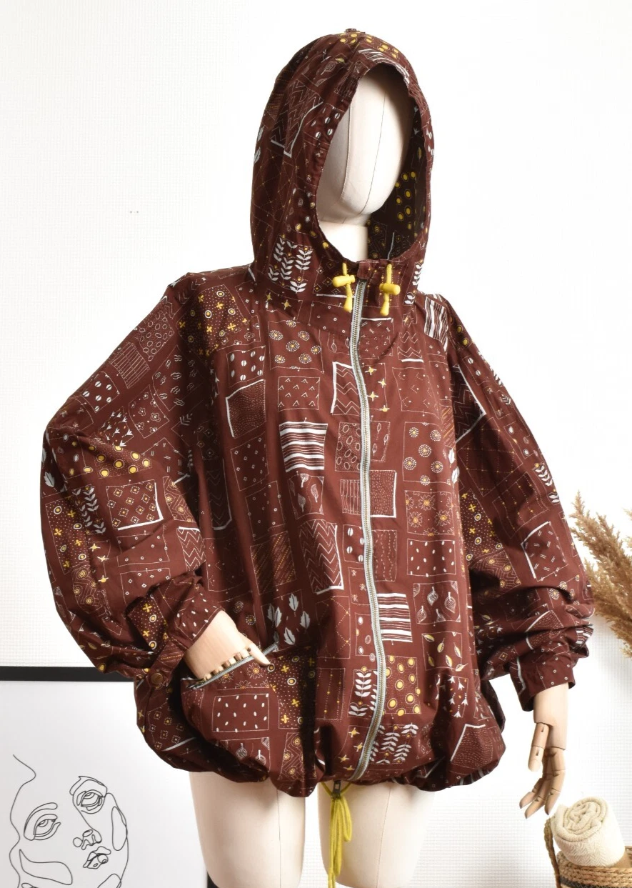 GUDRUN SJODEN Hooded Cotton Balloon Jacket Floral Leaves Pattern Oversized ~L