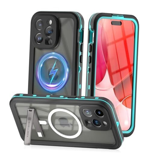 for iPhone 15 Pro Max Waterproof Case with Stand, IP68 Underwater Grass Blue