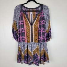 Free People XS Boho Colorful Button Front Mini Dress Peplum Hem Split Sleeves