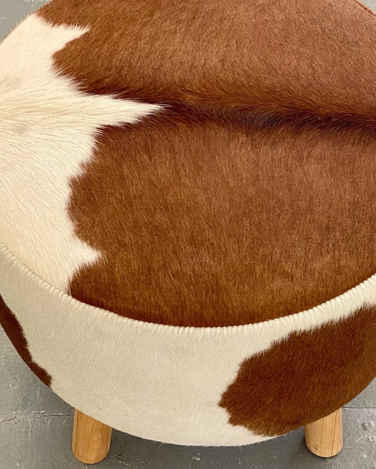 Round genuine cowhide ottoman, brown and white, 21" diameter x 18" handcrafted - Image 4 of 4