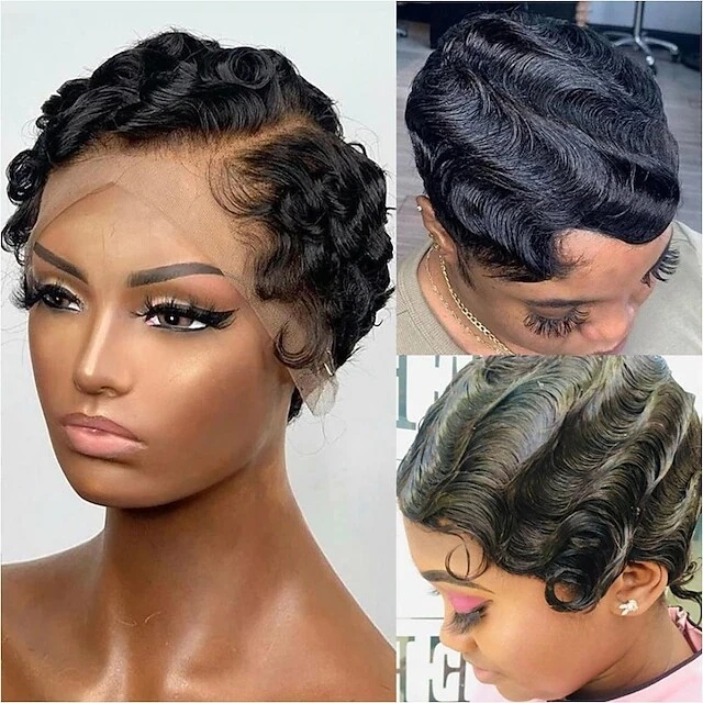 Short Pixie Cut Wig Black Finger Wave Human Hair Lace Front Wigs L Part Glueless - Image 3 of 4