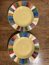 Philippe Richard Rainbow Stripes Lot of 2 Dinner Plates Multicolor Stoneware