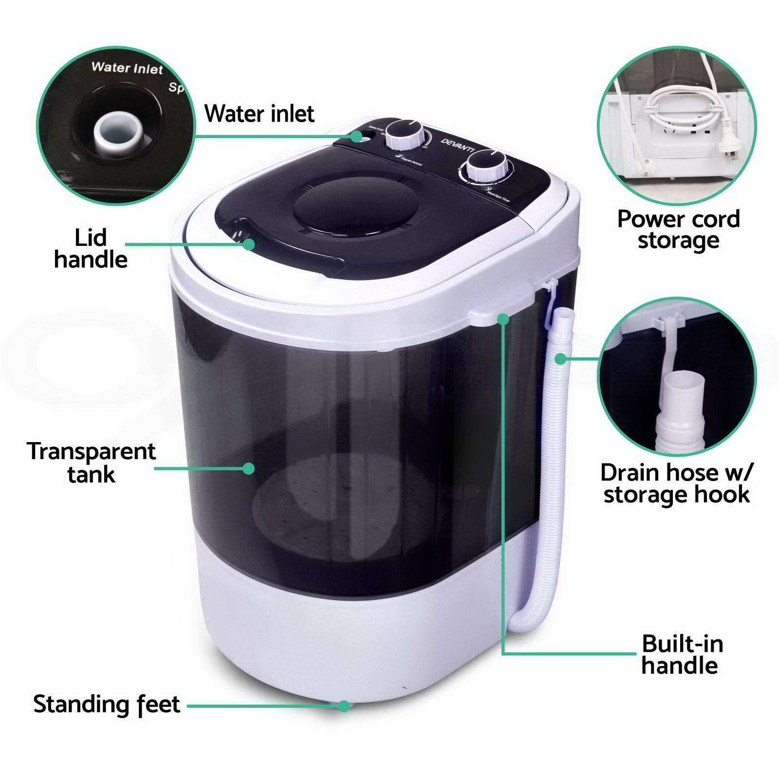 Devanti Mini Portable Washing Machine Top Load Loader Spin Camp Caravan