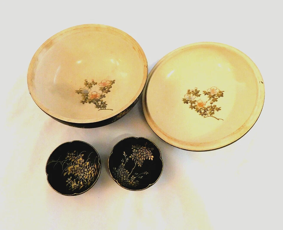 Juego de tazones de nuez Satsuma Shimadzu negro dorado antiguo B7 Foto 3 de 4