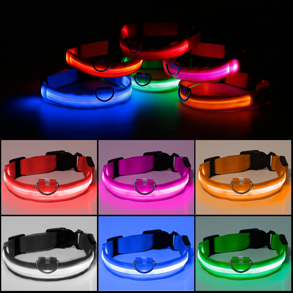 LED Adjustable Dog Collar Blinking Flashing Light Up Glow Pets Safety