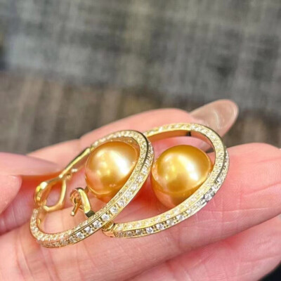 elegant 9-10mm  south sea round gold  pearl  dangle earring 925s(mj)