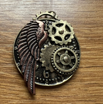 Steampunk Pendant Mixed Metal Clock with Gears and Wing