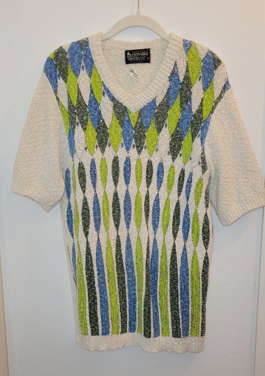 Vintage 60's Leonardo Strassi Sweater Mens Med Ivory Diamond Retro