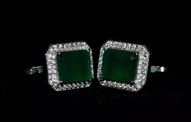 14K White Gold GP 3Ct Green Emerald Cut & Lab-Created Diamonds Halo Cufflinks