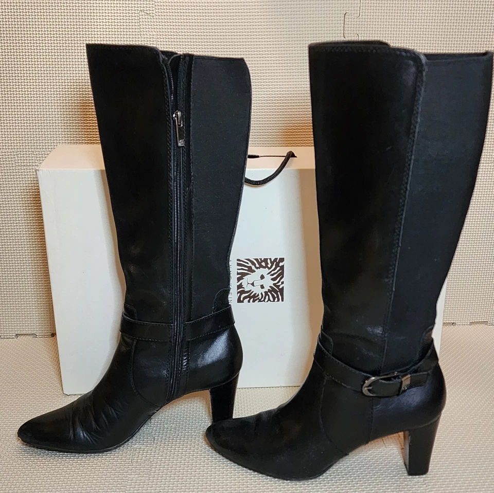 Botas de mujer Anne Klein negras de tacón alto hasta la rodilla delanteras de cuero, espalda elástica talla 9 Foto 3 de 4