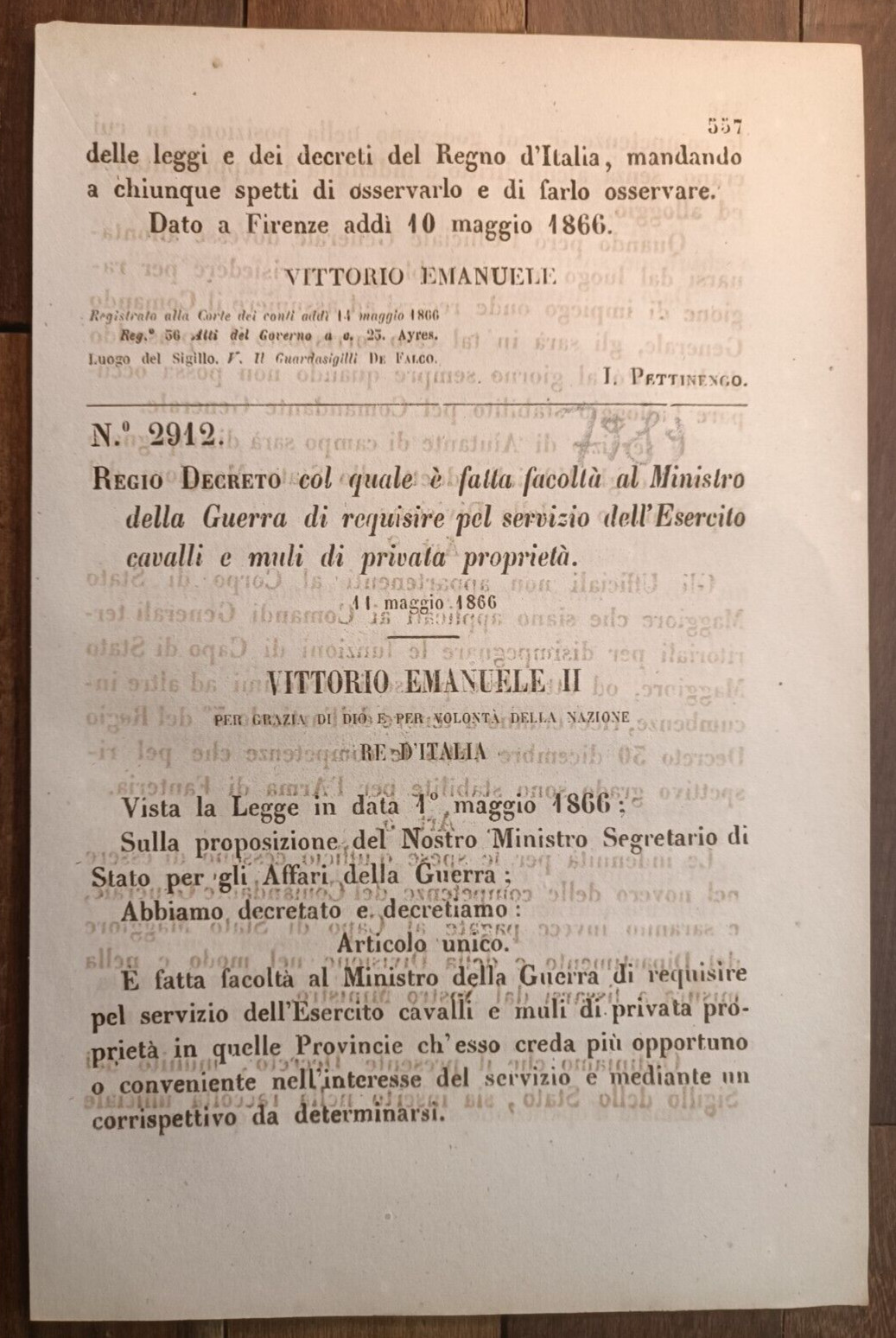 ITALIA 1866 REGIO DECRETO REQUISISCE CAVALLI & MULI DI PRIVATA PROPIETA'-7989