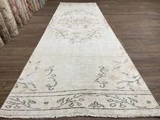 3x9 Neutral Turkish Runner, Vintage Cream Oushak Runner, Handmade Wool Runner