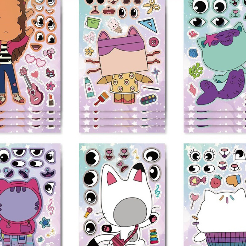 6Sheets Gabby's Dollhouse Make A Face Puzzle Sticker Cartoon Education