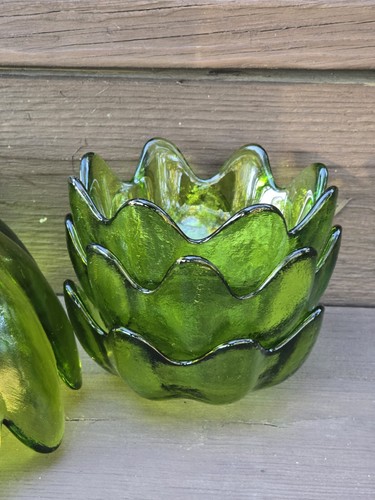 BLENKO Green Lotus Set Salad Bowl With 6 Matching Small Bowls MCM 1960s - Picture 5 of 8