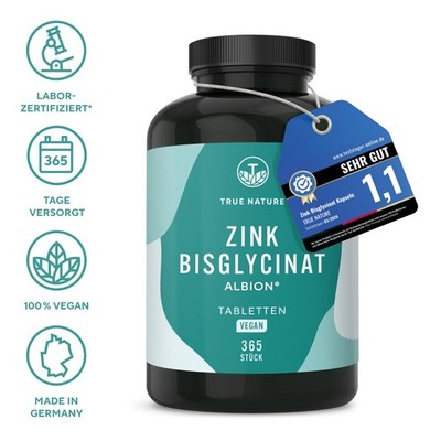 Zink Bisglycinat Testsieger, 365 Tabletten (1 Jahr Vorrat), TRUE NATURE 