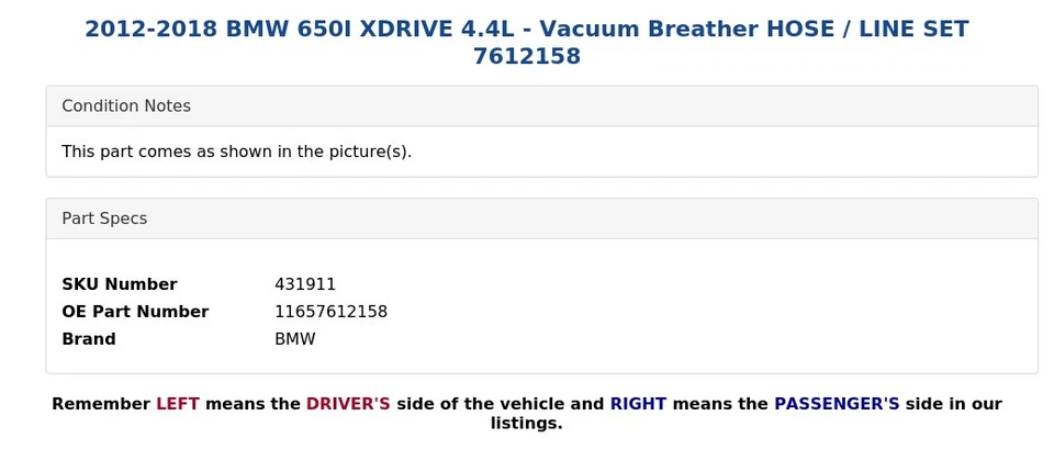 2012-2018 BMW 650I XDRIVE 4.4L - Respirador de vácuo CONJUNTO DE MANGUEIRA/LINHA 7612158 - Imagem 3 de 4