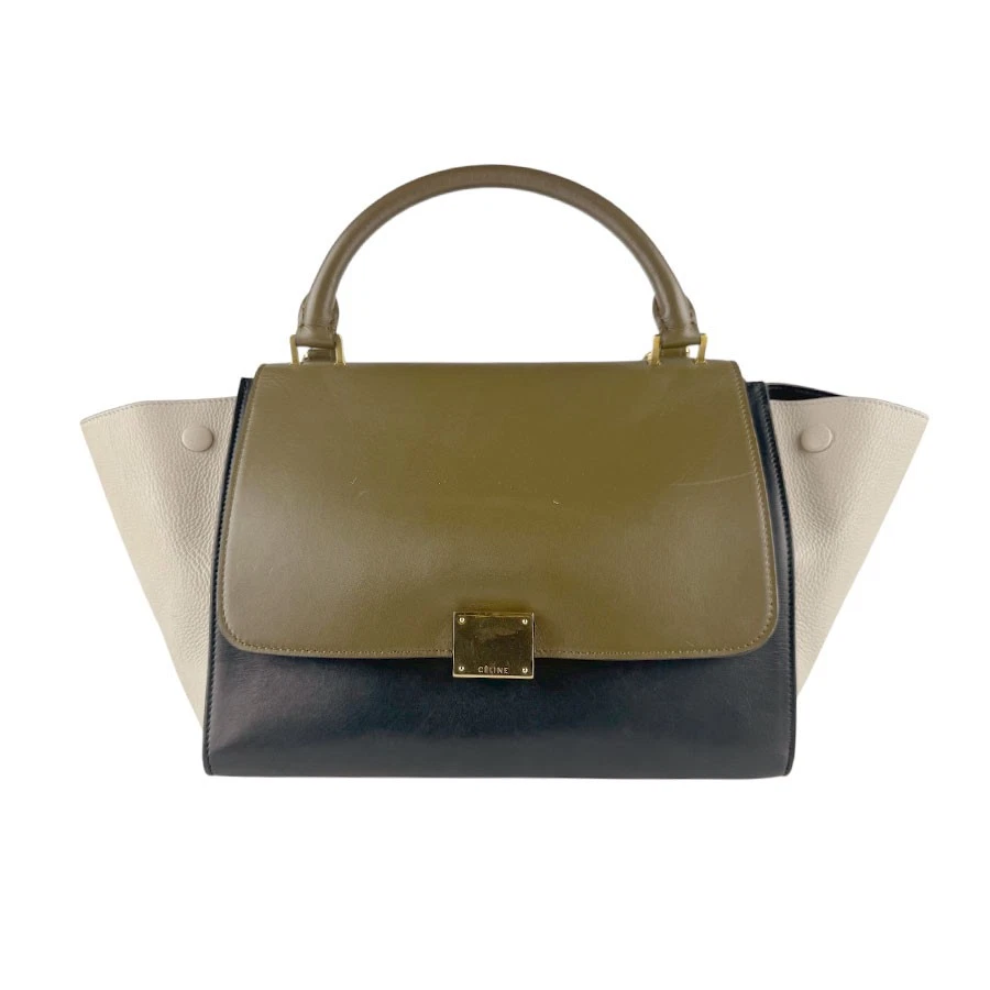 Celine — Auth CELINE Trapeze Handbag Shoulder Bag Khaki/Black/Light Beige Leather - z8485