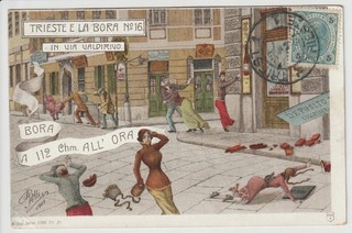 PRIMI '900 ANTICA CARTOLINA DI TRIESTE ILLUSTRATORE LA BORA IN VIA VALDIRIVO