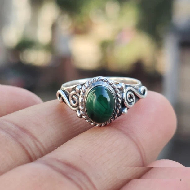 Anel boho de aniversário de prata esterlina 925 com pedra preciosa malaquita todos os tamanhos R326 - Imagem 2 de 4