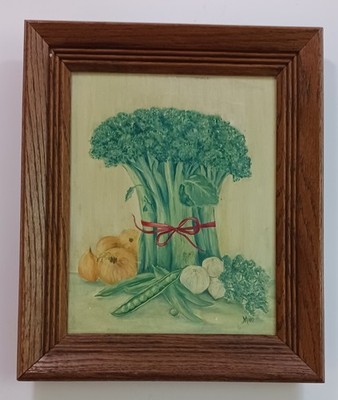 Framed Vtg Bunch of Broccoli With Red Ribbon & Other Vegetables Signed Art Work