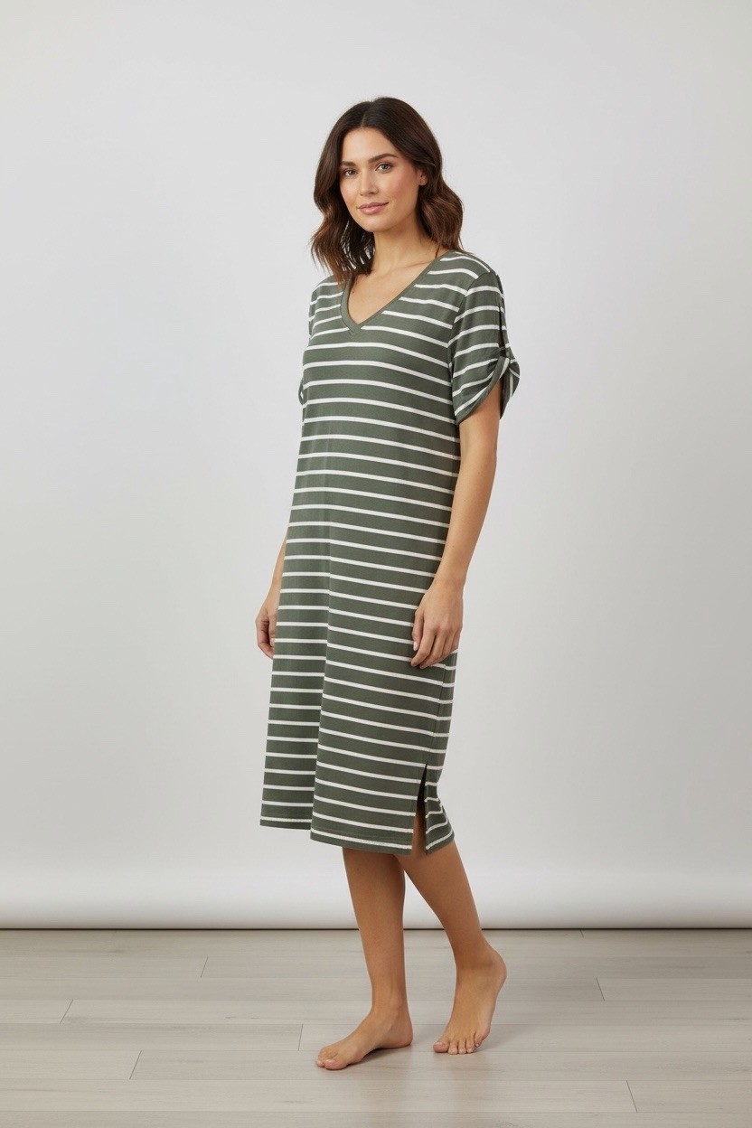 T By Talbots Women’s Size M Short Sleeve V Neck Green Stripe Soft Terry Dress