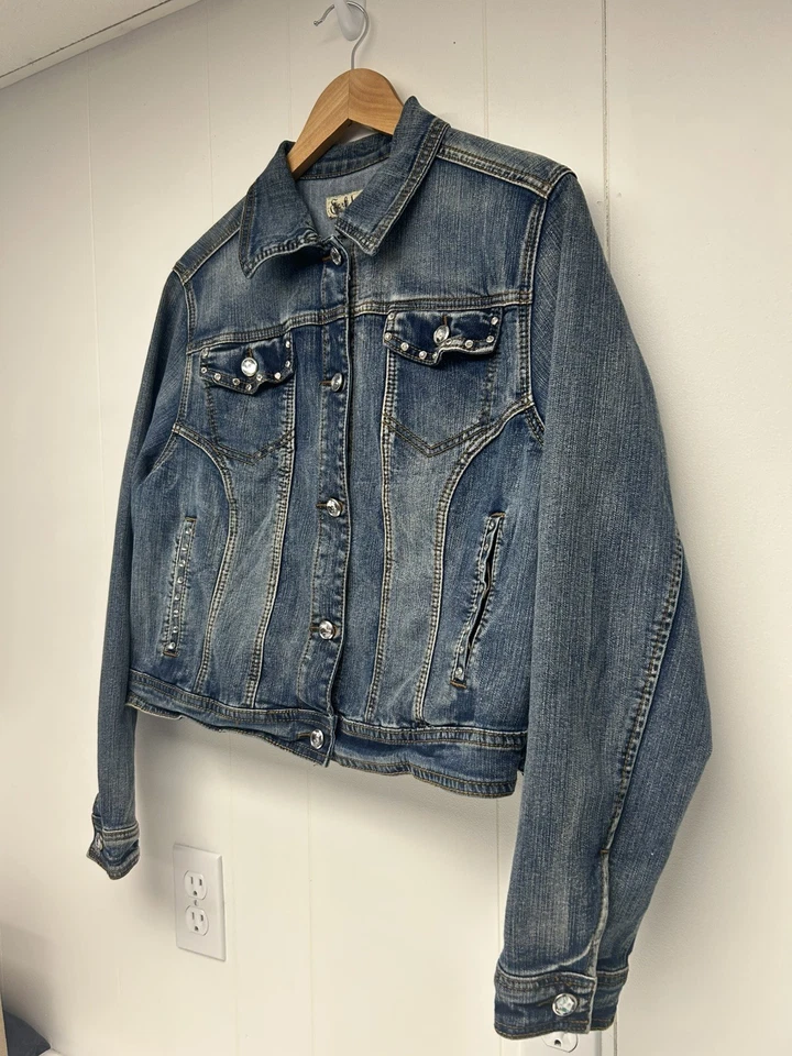 EARL Jean Denim Jean Chaqueta Embellecida Estrás Abotonada Mujer Grande 14/16 Foto 4 de 4