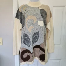 Vintage Women's Sweater Summit Hill Silk Angora Lambswool Cream Grey Beaded L