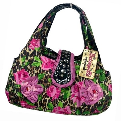 Betsey Ville By Betsey Johnson Leopard Rose Studded Handbag Tote Multi-Color