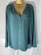 Womens New Look Uk 10 Dark Green V Neck Long Roll Tab Sleeve Casual Blouse Top