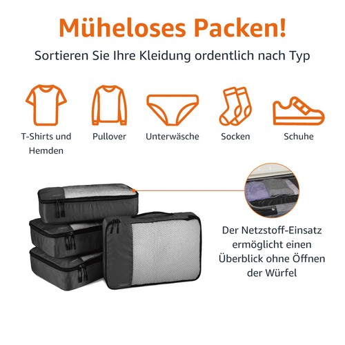 Packwürfel Set für Koffer, Reise Organizer, Reißverschluss, 4x, Schwarz - Bild 2 von 12