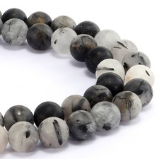 Black Tourmalinated Quartz Matte Round Beads 6mm 8mm 10mm 15.5"Strand