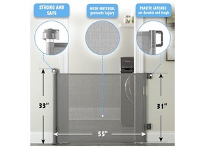 Cumbor Baby Gate Grey Retractable Extends to 55" Wide Doorways, 33" Tall