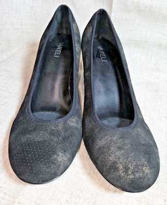 Vaneli Italy Women s Black Gold Dusted Suede Block Heel Pump Shoes Size 10M
