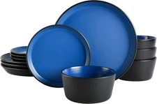 Double-person stone tableware set (12-piece set), matte blue