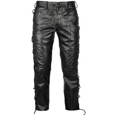 Men's Black Genuine Leather Biker's Pants - Side and Front Laces Up Jean Trouser