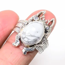 American Howlite & White Topaz 925 Sterling Silver Frog Ring s.7.5 S6168