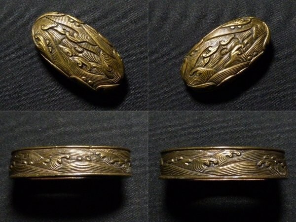 Fuchi Kashira Whitecaps Waves Fine Carving Japanese Sword Fitting Edo Antique