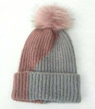 New Women's Winter Soft Stretchy Two-Tone Knit W/ Faux Fur Pom Ski Beanie Hat J