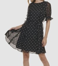 Tommy Hilfiger Women's Black Polka Dot Ruffle-Accent Puff-Sleeve Dress Size 4