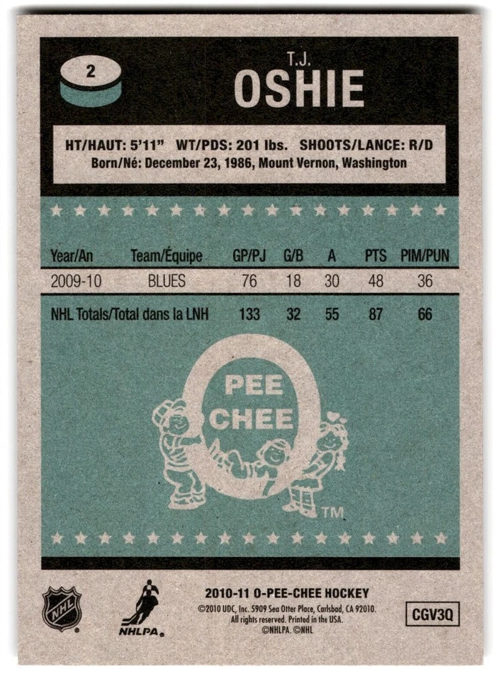 2010-11 O-Pee-Chee Retro T.J. Oshie #2 St. Louis Blues - Image 2 of 2