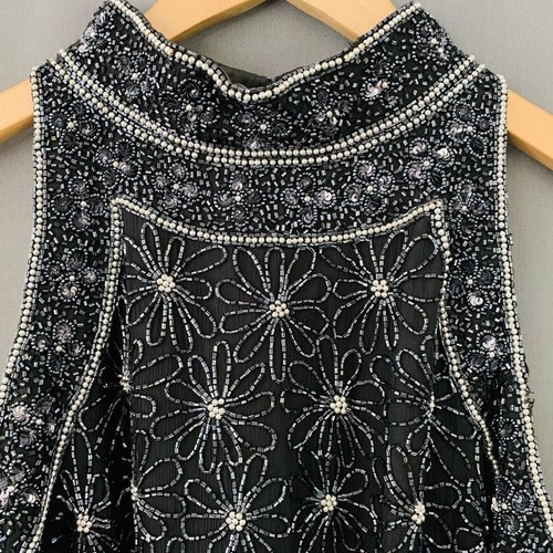 Top Papell Boutique sera seta con perline vintage taglia 1x nero capesante senza maniche - Foto 4 di 24