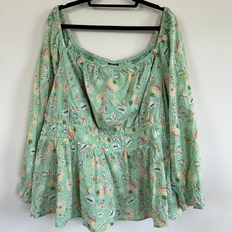 Torrid 4X Cotton Clip Dot Blouson Sleeve Smocked Top Green Floral Square Neck