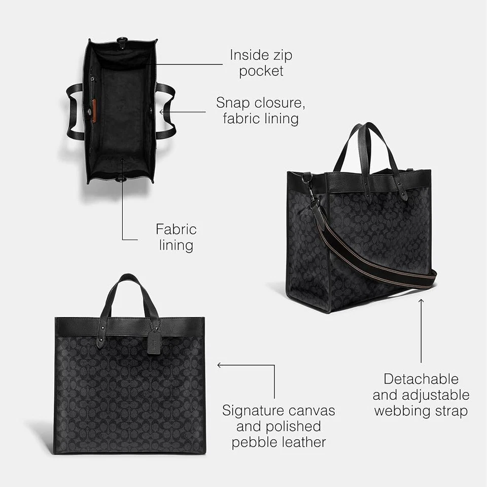 Coach Field Tote Bag 40 Signature Canvas Charcoal C7674 - Image 3 of 4