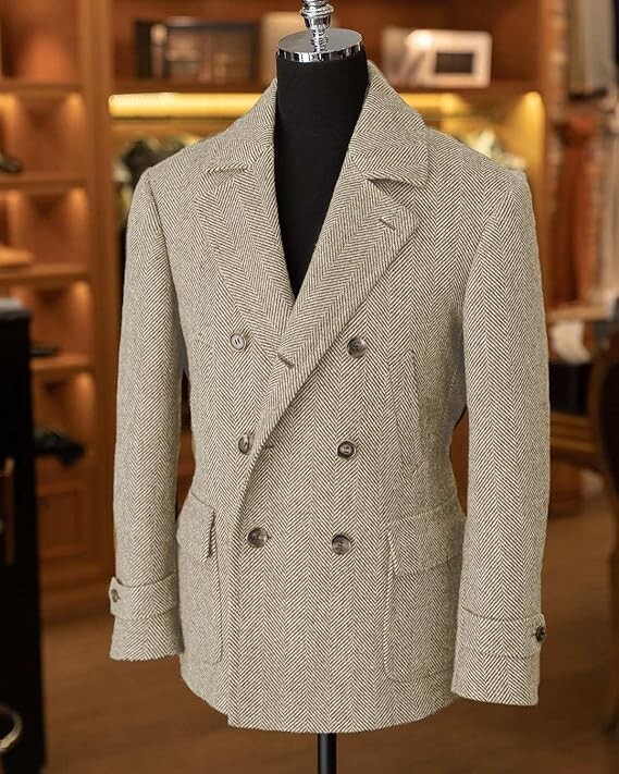 ジャケット・アウター HERRINGBONE TWEED STAND COLLAR COAT Historical Emporium Men's Norfolk Wool Blend Herringbone