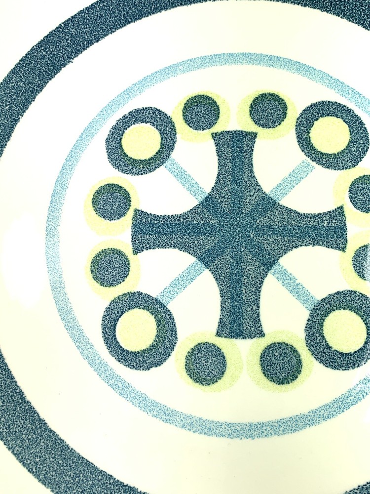 Vintage Mid Century Modern Unmarked Round Chop Plate Blue Green Circle Pattern