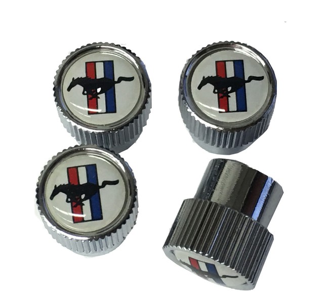 Ford Mustang Valve Stem Cap Set Tribar w/ Running Pony 4PC Set Tire