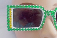 RECTANGULAR SUNGLASSES WHITE WITH GREEN YELLOW RHINESTONES FREE US SHIPPING