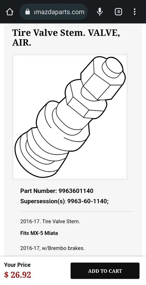 NUEVO GENUINO OEM Mazda Válvula de neumático Vástago y tapa Mazda Miata MX-5 2016-2017 Foto 3 de 3